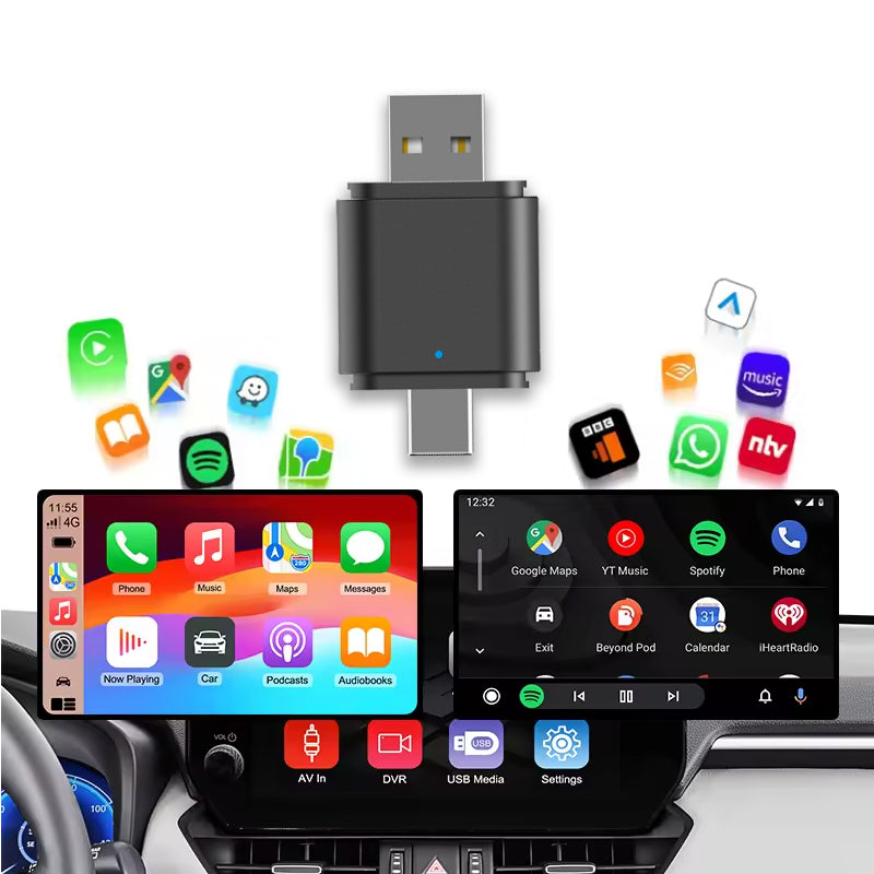 2-in-1 Wireless CarPlay & Android Auto Adapter | USB & Type-C Plug | 5.8GHz Wi-Fi