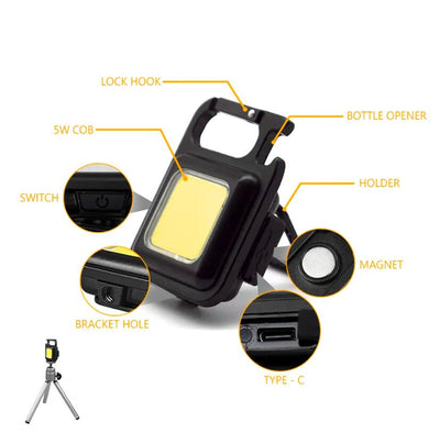 2-Pack Rechargeable COB Keychain Work Lights – EDC Flashlight with Folding Stand & Bottle Opener for Camping, Fishing, and Emergencies