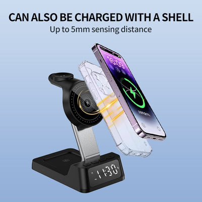 4-in-1 Wireless Charging Station with Alarm Clock – Fast Charging Stand for Phone, Watch & Earbuds (Black or White)