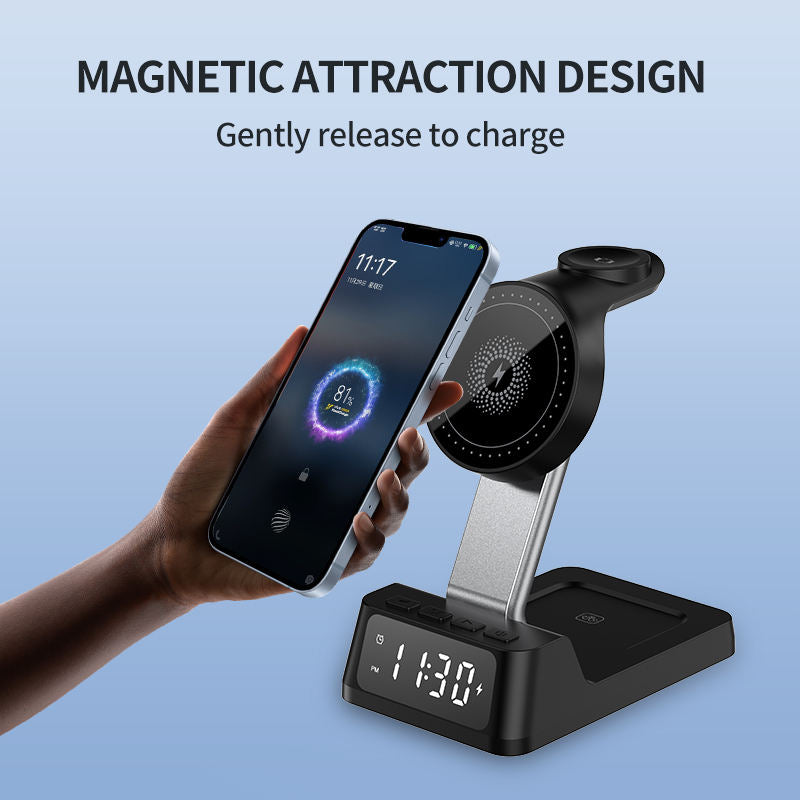 4-in-1 Wireless Charging Station with Alarm Clock – Fast Charging Stand for Phone, Watch & Earbuds (Black or White)