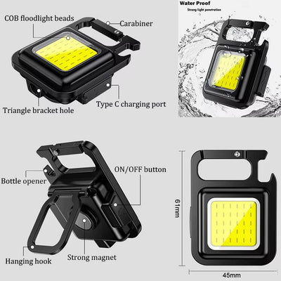 2-Pack Rechargeable COB Keychain Work Lights – EDC Flashlight with Folding Stand & Bottle Opener for Camping, Fishing, and Emergencies