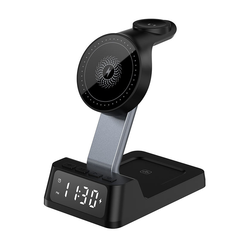 4-in-1 Wireless Charging Station with Alarm Clock – Fast Charging Stand for Phone, Watch & Earbuds (Black or White)