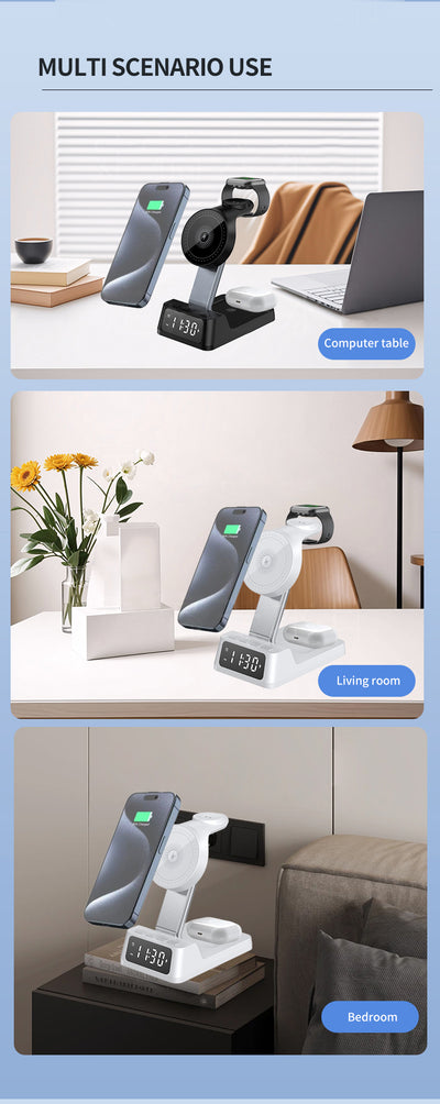 4-in-1 Wireless Charging Station with Alarm Clock – Fast Charging Stand for Phone, Watch & Earbuds (Black or White)