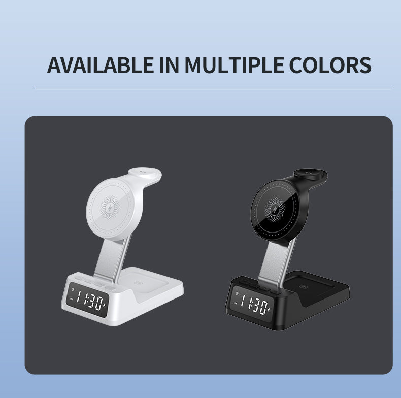 4-in-1 Wireless Charging Station with Alarm Clock – Fast Charging Stand for Phone, Watch & Earbuds (Black or White)