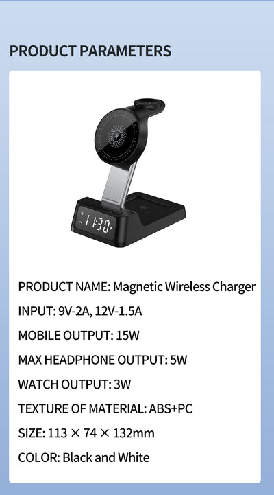 4-in-1 Wireless Charging Station with Alarm Clock – Fast Charging Stand for Phone, Watch & Earbuds (Black or White)