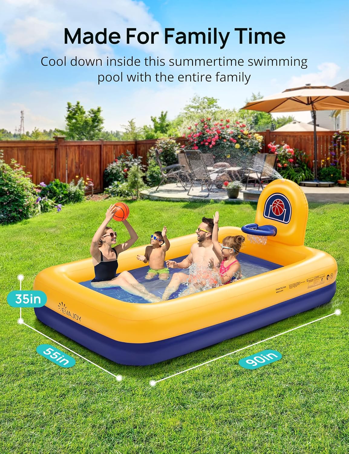 Kiddie Pool, Evajoy Inflatable Kids Pool, Summer Water Party Inflatable Pool for Backyard & Garden 90x55x35 Inch