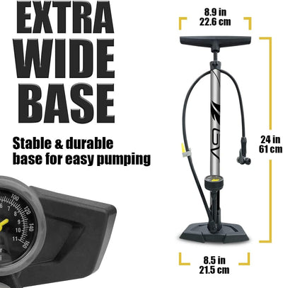 BV Bicycle Pump Durable Steel Bike Floor Pump 17/24 inch Smart Valve Head, 160 psi, Automatically Reversible Presta and Schrader