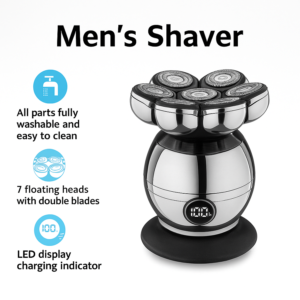 VUKO RQ8870 Men’s Electric Head & Beard Shaver – 7 Floating Heads, LED Display, Fully Washable, Rechargeable Grooming Tool