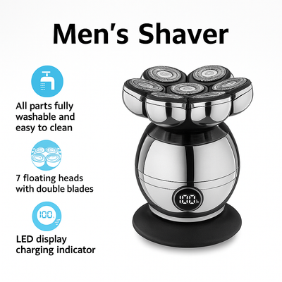 VUKO RQ8870 Men’s Electric Head & Beard Shaver – 7 Floating Heads, LED Display, Fully Washable, Rechargeable Grooming Tool
