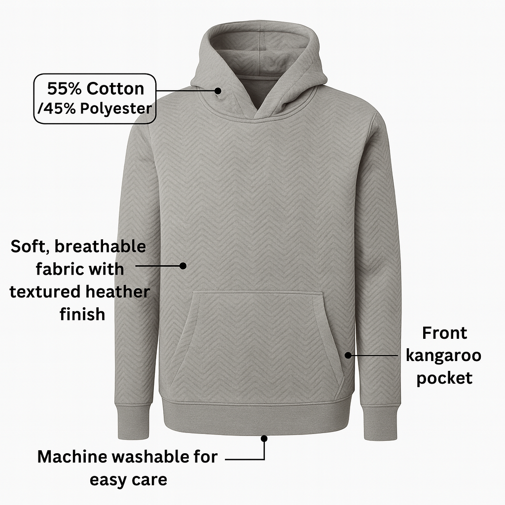 Men's Hoodie Heather Herringbone Pullover Sweatshirt – Everyday Comfort Fit, Soft Cotton Blend, Easy Care