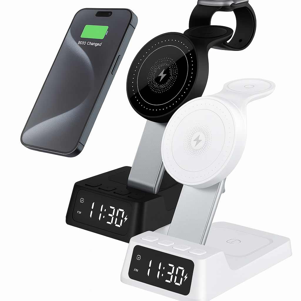 4-in-1 Wireless Charging Station with Alarm Clock – Fast Charging Stand for Phone, Watch & Earbuds (Black or White)