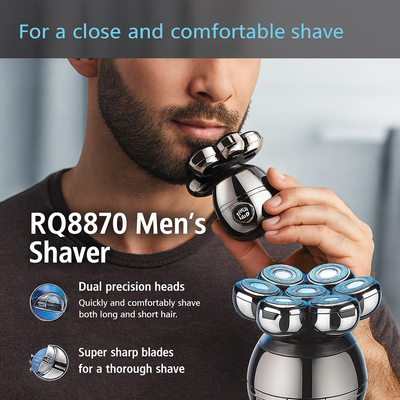 VUKO RQ8870 Men’s Electric Head & Beard Shaver – 7 Floating Heads, LED Display, Fully Washable, Rechargeable Grooming Tool