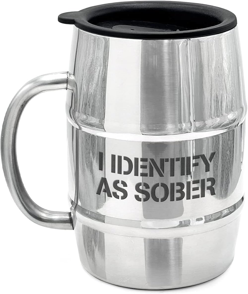 Funny Beer Gift Stainless Steel Insulated Beer Mug with Handle and Sip Lid (For Christmas/Birthday/Fathers Day) I Identify As Sober