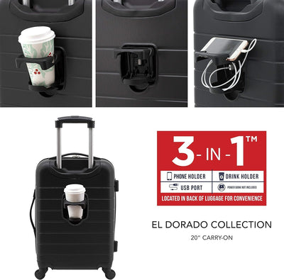 Wrangler Smart Luggage Set with Cup Holder, USB Port and Phone Holder, Black