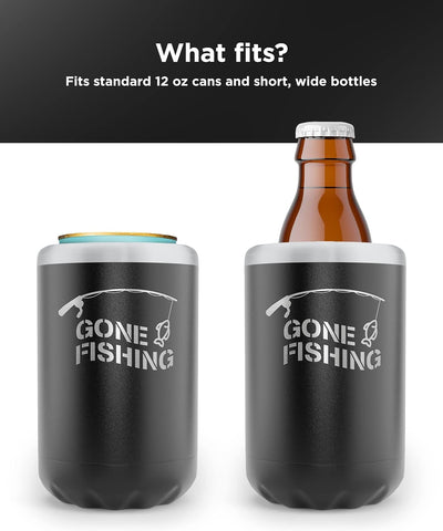 Fishing Beer Can Holder - Double Wall Vacuum Insulated Can Cooler, Powder Coated Stainless Steel "Gone Fishing"