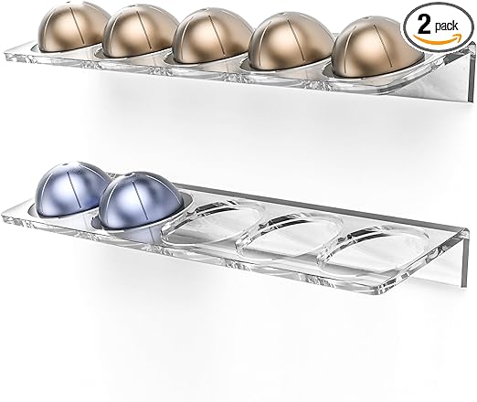Small Vertuo Capsule Organizer Shelf, Compatible with Nespresso Pods Holder Wall Mount for 10 Coffee Cups, Easy Flavor Access (Adhesive Backing) Clear Acrylic