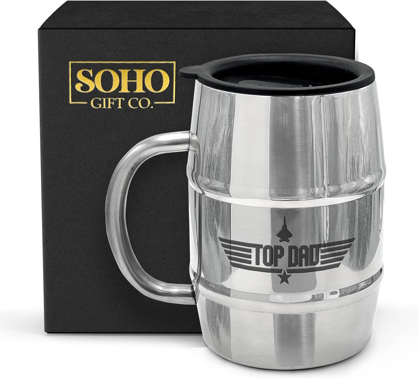 Gift Mug for Dad, Stainless Steel TOP DAD Barrel Cup with Handle and Sip Lid (Hot n' Cold) Double Wall Insulation for Beer & Coffee, 17oz (Gift Boxed for Christmas/Fathers Day)