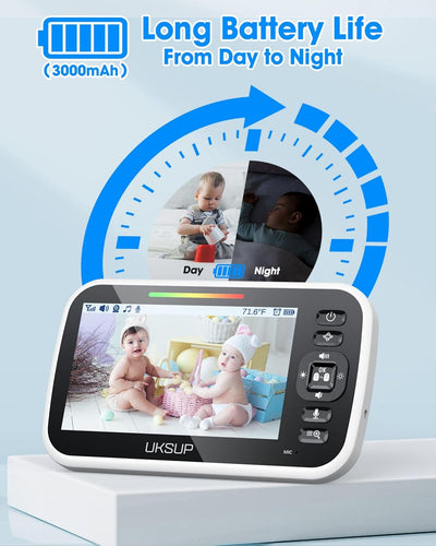 UKSUP Baby Monitor with 4 Cameras and Audio- Video Baby Monitor with 960ft Long Range, Remote Pan-Tilt-Zoom, Night Vision, Temperature Sensor, 2-Way Talk, 8 Lullabies, 30-Hour Battery & No WiFi