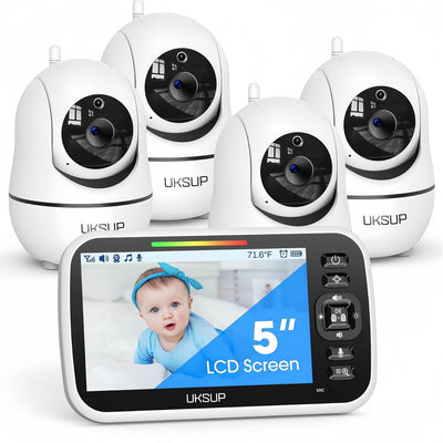 UKSUP Baby Monitor with 4 Cameras and Audio- Video Baby Monitor with 960ft Long Range, Remote Pan-Tilt-Zoom, Night Vision, Temperature Sensor, 2-Way Talk, 8 Lullabies, 30-Hour Battery & No WiFi