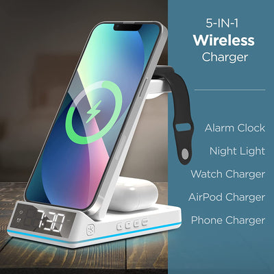 5-in-1 Alarm Clock Wireless Charger for All Apple Devices Foldable Charging Station with Night Light - Charging for iPhone, AirPods and Apple Watch (All Generations) - White