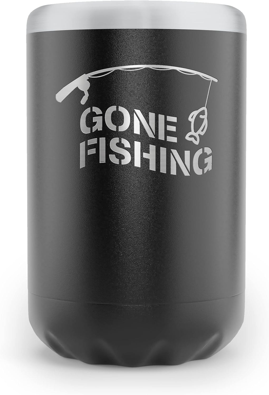Fishing Beer Can Holder - Double Wall Vacuum Insulated Can Cooler, Powder Coated Stainless Steel "Gone Fishing"