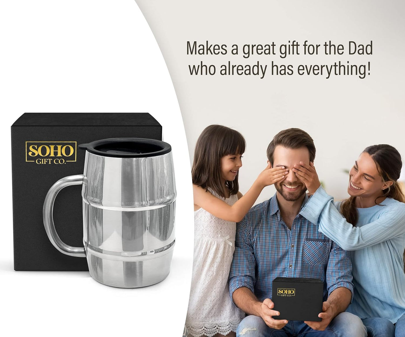Gift Mug for Dad, Stainless Steel TOP DAD Barrel Cup with Handle and Sip Lid (Hot n' Cold) Double Wall Insulation for Beer & Coffee, 17oz (Gift Boxed for Christmas/Fathers Day)