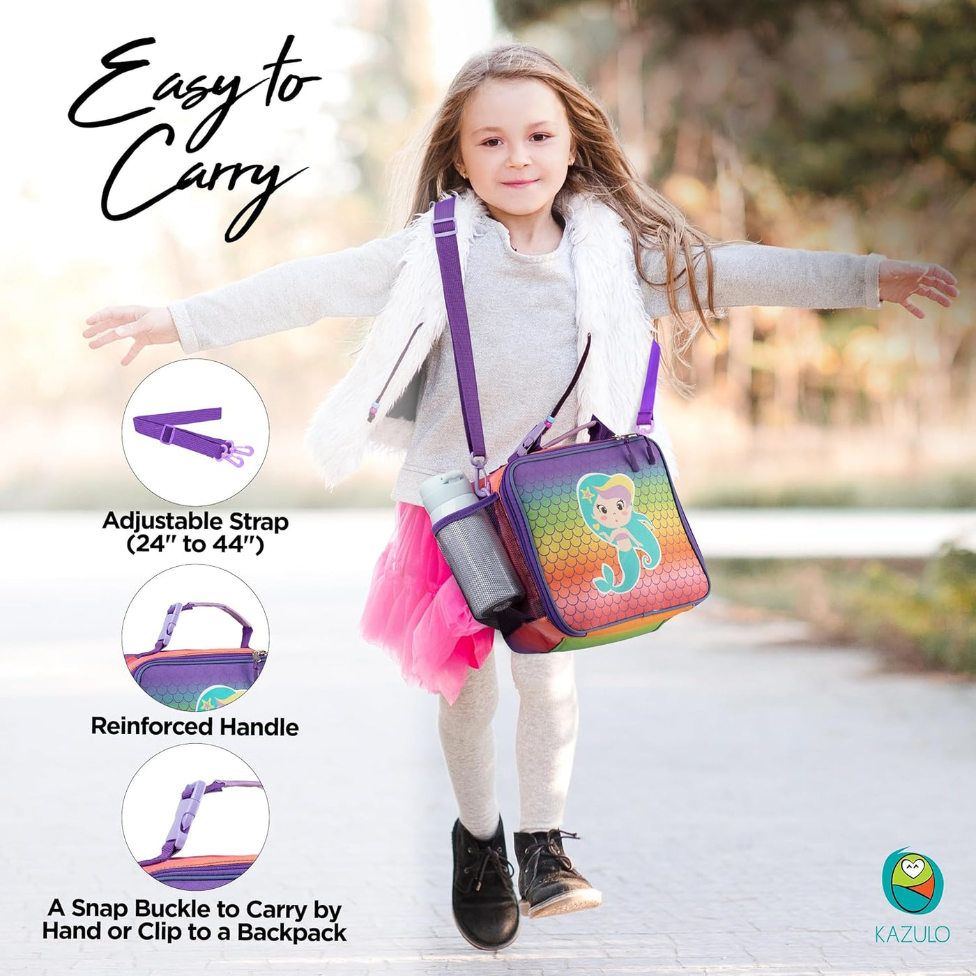 Kazulo Rainbow Mermaid Lunch Bag - Insulated Lunch Box for Kids, With Water Bottle Holder & Shoulder Strap