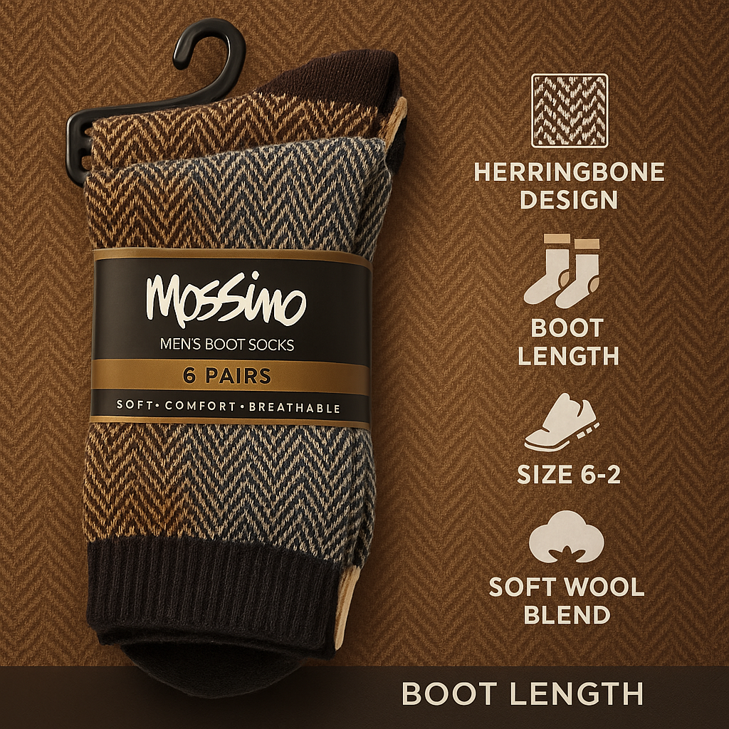 6-Pairs Mossimo Men’s Herringbone Boot Socks – Value Pack (Soft, Warm & Breathable)