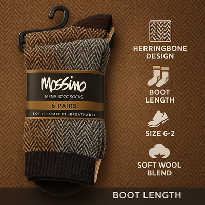 6-Pairs Mossimo Men’s Herringbone Boot Socks – Value Pack (Soft, Warm & Breathable)