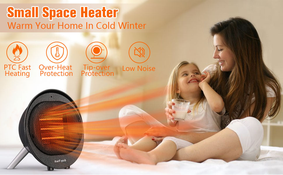 Portable Mini Ceramic Space Heater with Tip-Over & Overheat Protection – Quiet, Fast Heating for Home, Office, Bedroom, and Indoor Use