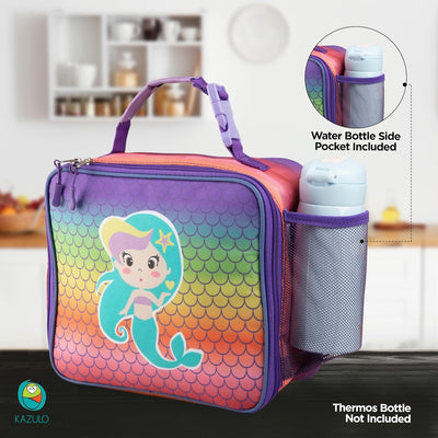 Kazulo Rainbow Mermaid Lunch Bag - Insulated Lunch Box for Kids, With Water Bottle Holder & Shoulder Strap