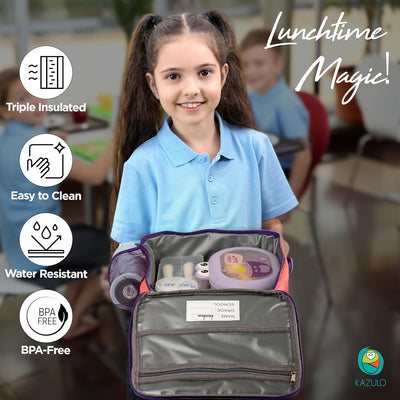Kazulo Rainbow Mermaid Lunch Bag - Insulated Lunch Box for Kids, With Water Bottle Holder & Shoulder Strap