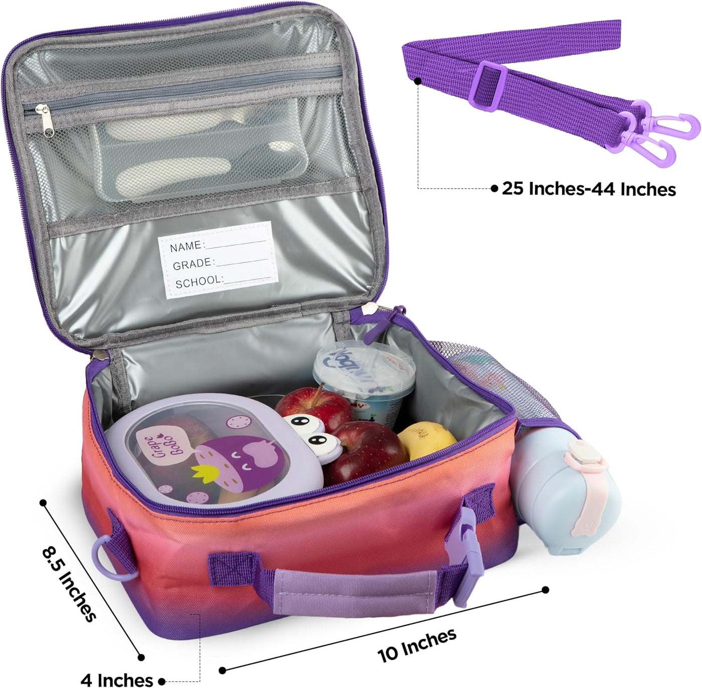 Kazulo Rainbow Mermaid Lunch Bag - Insulated Lunch Box for Kids, With Water Bottle Holder & Shoulder Strap