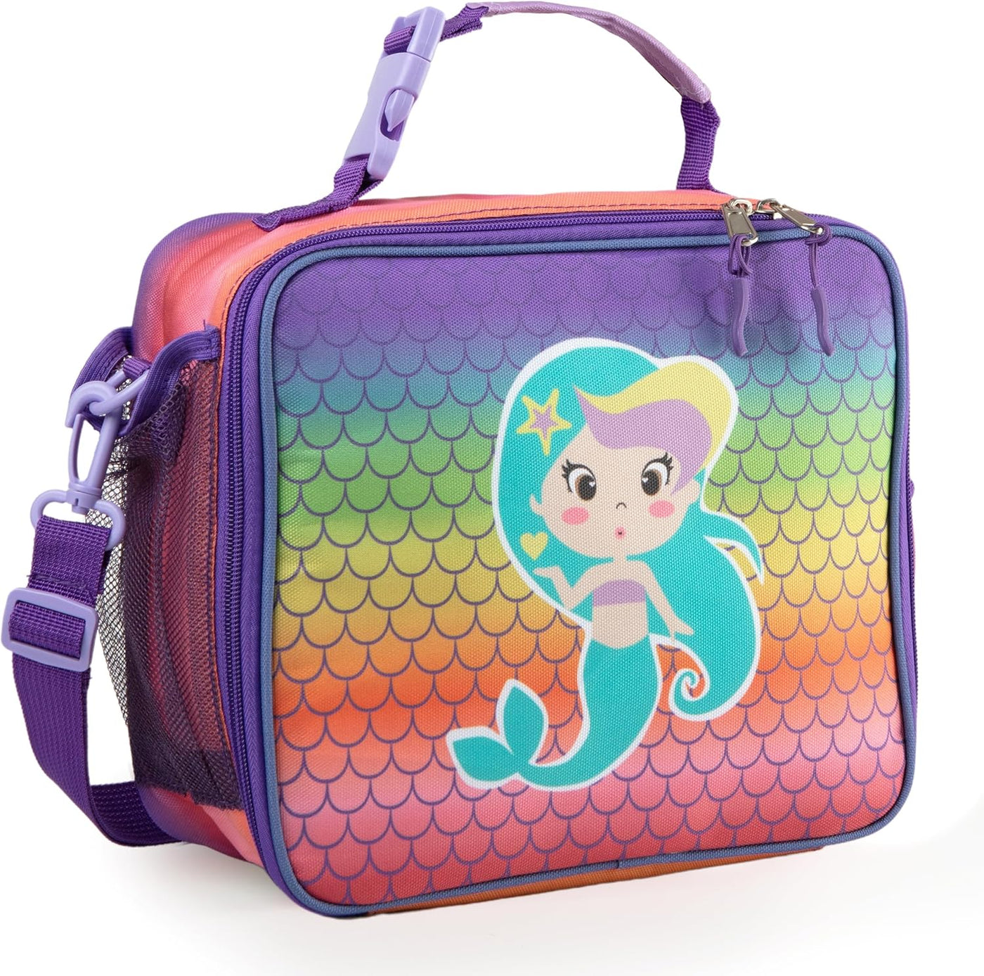 Kazulo Rainbow Mermaid Lunch Bag - Insulated Lunch Box for Kids, With Water Bottle Holder & Shoulder Strap
