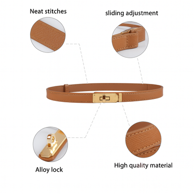 Women’s Skinny Leather Adjustable Belt with Turn-Lock Buckle for Dresses & Jeans