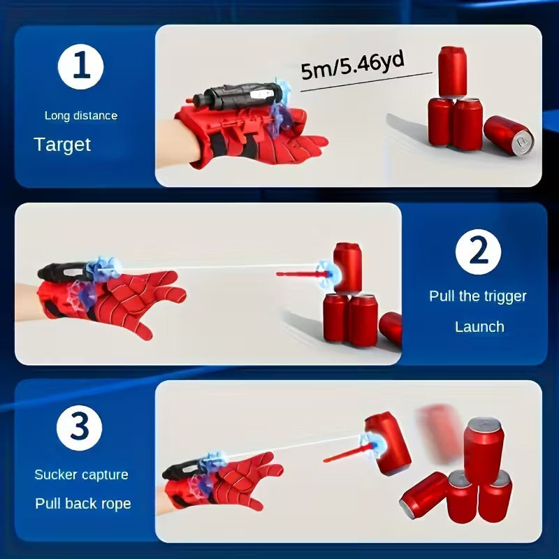 2-Pack Spider Web Launcher Gloves - Red and Blue Hero Toy, 5-Meter Shooting Distance, Absorbable Bullets
