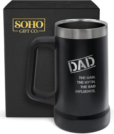 SoHo Funny Beer Mug Gifts for Dad - Stainless Steel Insulated XL 24oz Tumbler Cup with Handle “Dad, Man, Myth, Bad Influence” (Fathers Day/Birthday/Christmas) Gift Boxed