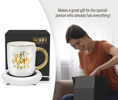 Gift for Mom from Daughter/Son, Coffee Lover Mug with Electric Heated Warmer - Unique Gift Idea for Mothers Day, Birthday, Christmas, 12oz Best Mom Ever (Gift Boxed)