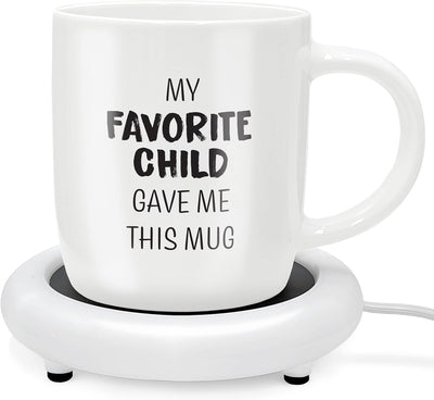 Coffee Mug with Electric Warmer, Gift for Mom or Dad with Heated Base - Great for Coffee Lover Parent, Birthday, Christmas, My Favorite Child Gave Me This Mug (12oz) Gift Boxed