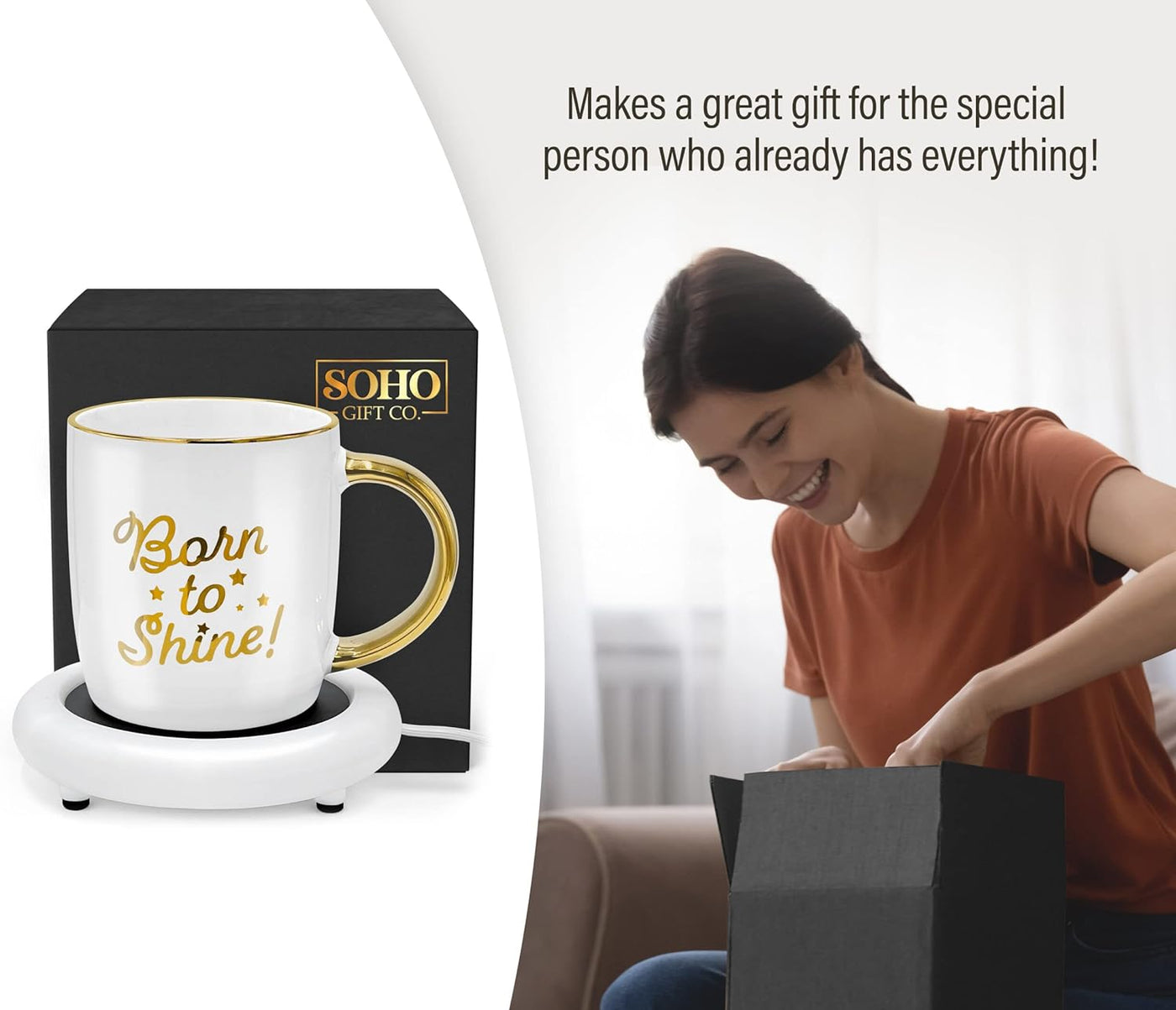 Coffee Mug with Warmer, Motivational Electric Heated Cup for Coffee Lover Gifts for Birthday/Christmas, 12oz Born to Shine (Gift Boxed)