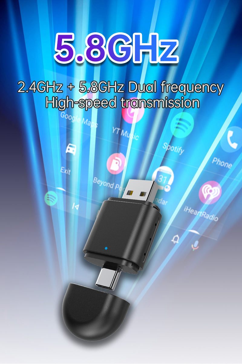 2-in-1 Wireless CarPlay & Android Auto Adapter | USB & Type-C Plug | 5.8GHz Wi-Fi