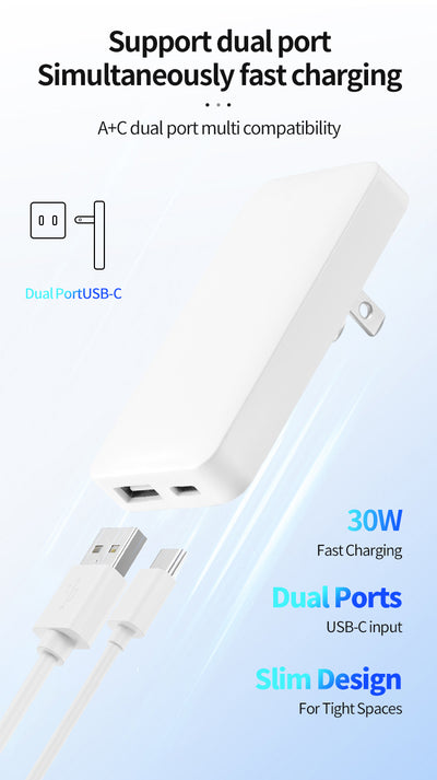 Ultra-Slim 30W USB-C & USB-A Dual-Port Fast Charger – 2-Pack