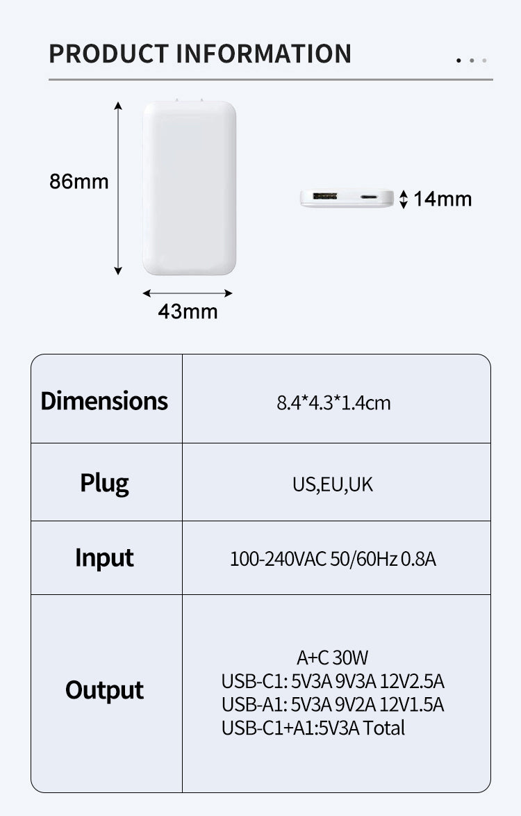 Ultra-Slim 30W USB-C & USB-A Dual-Port Fast Charger – 2-Pack