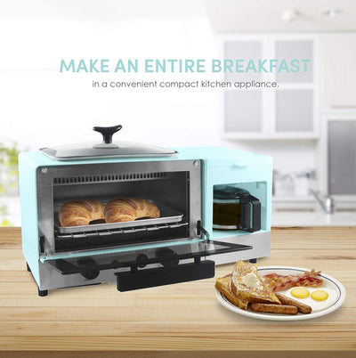 Elite Gourmet Americana 2 Slice, 9.5" Griddle with Glass Lid, 3-in-1 Breakfast Center Station, 4-Cup Coffeemaker, Toaster Oven with 15-Min Timer, Heat Selector Mode, Blue