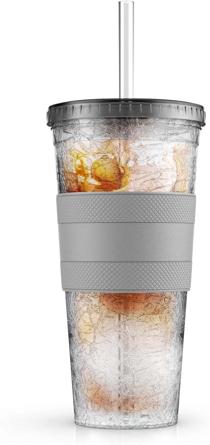 Freezable Iced Coffee Cup with Lid and Straw - Reusable Insulated Ice Tumbler with Grip Sleeve