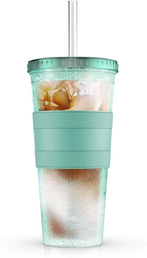 Freezable Iced Coffee Cup with Lid and Straw - Reusable Insulated Ice Tumbler with Grip Sleeve