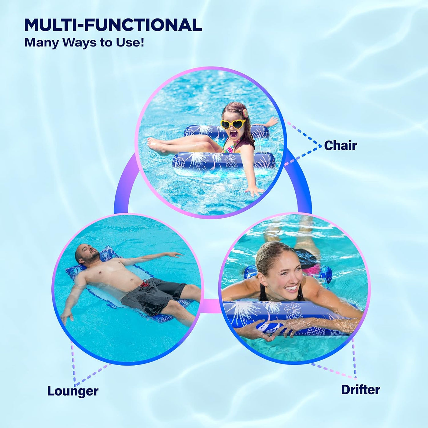 [3 Pack] Premium Pool Floats Inflatable Water Loungers - Swimming Hammock for Adults with Mesh Bottom Seat (Bulk Pack)