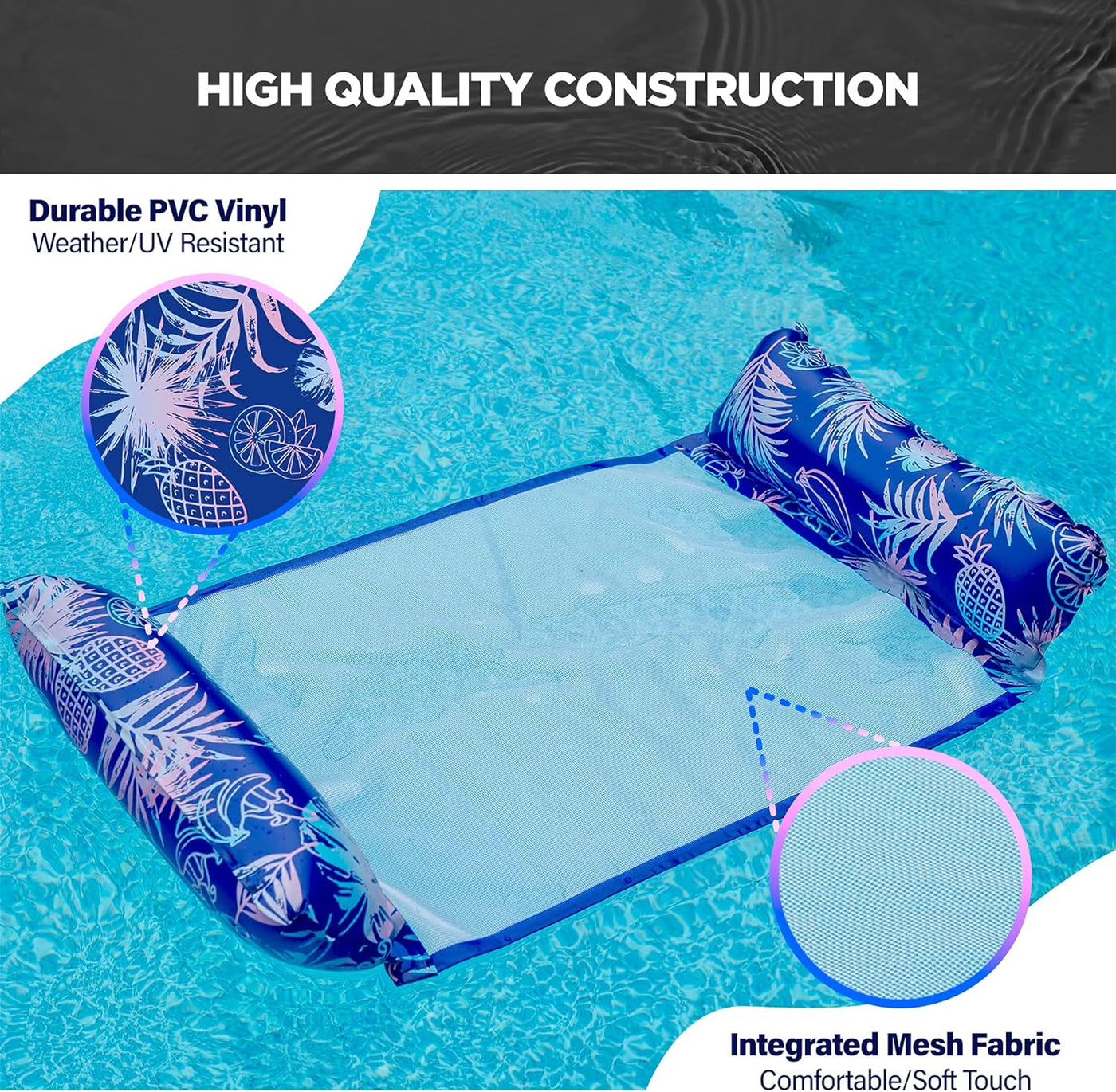 [3 Pack] Premium Pool Floats Inflatable Water Loungers - Swimming Hammock for Adults with Mesh Bottom Seat (Bulk Pack)