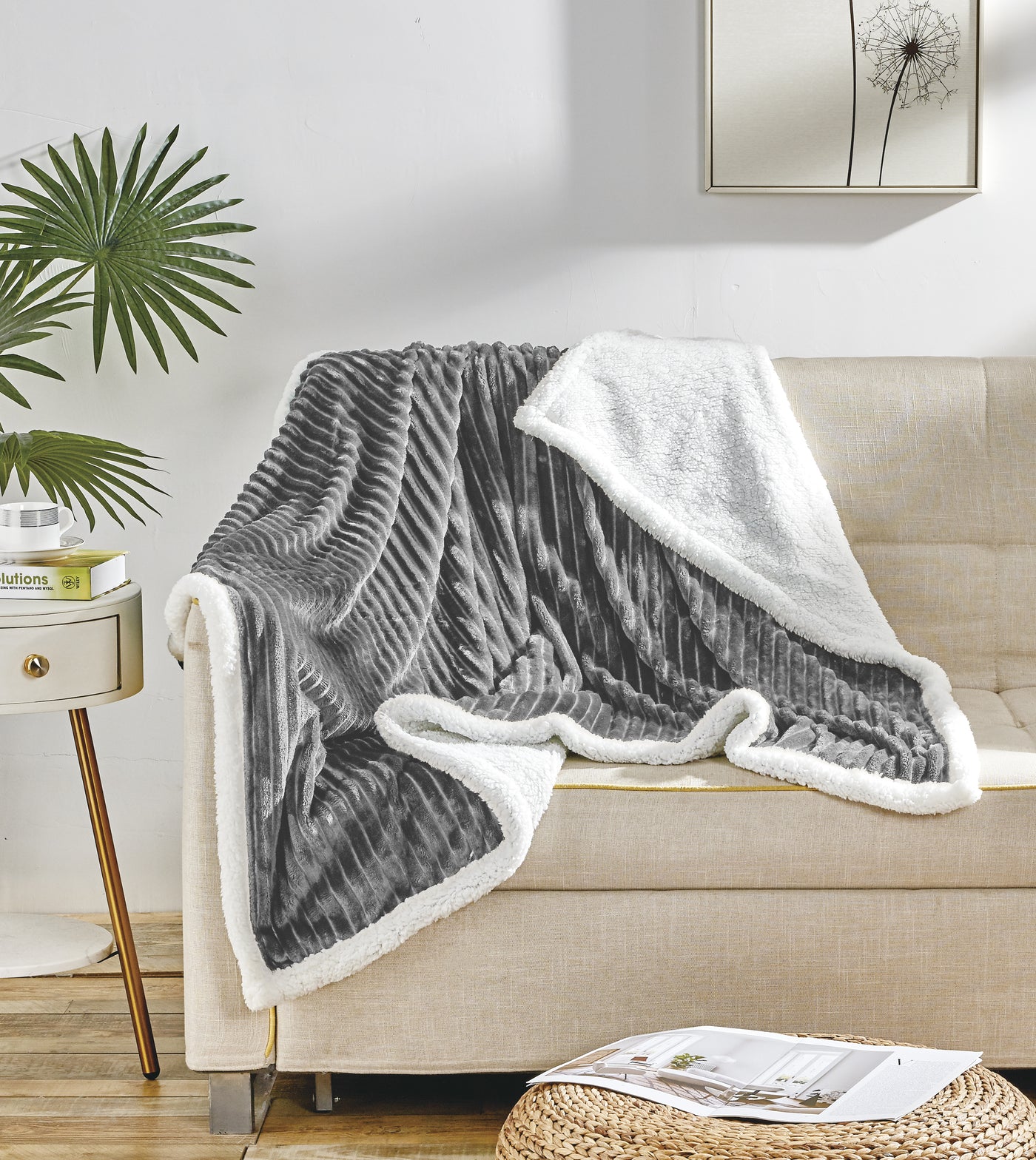 Elegant Comfort Corduroy Sherpa Reversible Throw Blanket, Medium Weight and Super Plush - Soft, Fuzzy and Plush Flannel Blanket - Micro-Suede - Corduroy Striped Pattern, 50 x 60 Inch Throw,