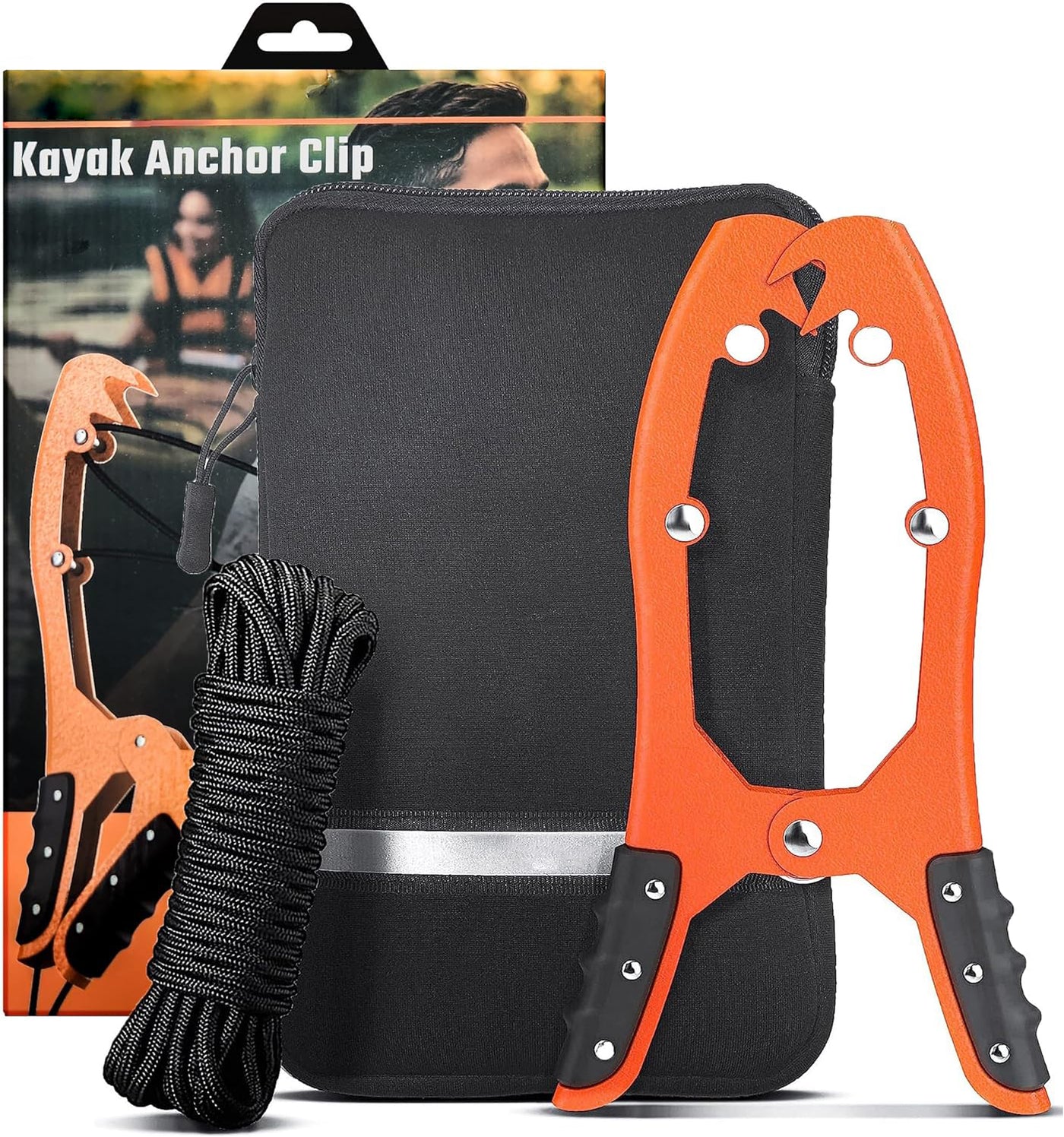 Original® BAX-JAW Kayak Anchor Clamp Grip - Wide 5.25" Self Locking Tension Jaw with Floating Pouch and 15' Paracord 550 Rope, Kayaking Accessories (Corrosion-Proof Steel)